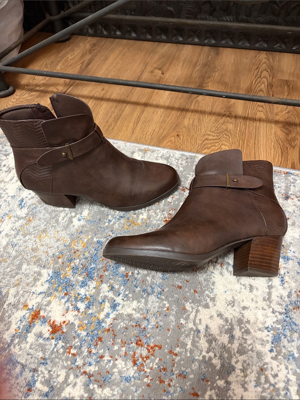 Brand new Women's Brown Leather Ankle Booties with Low Block Heel; never worn!